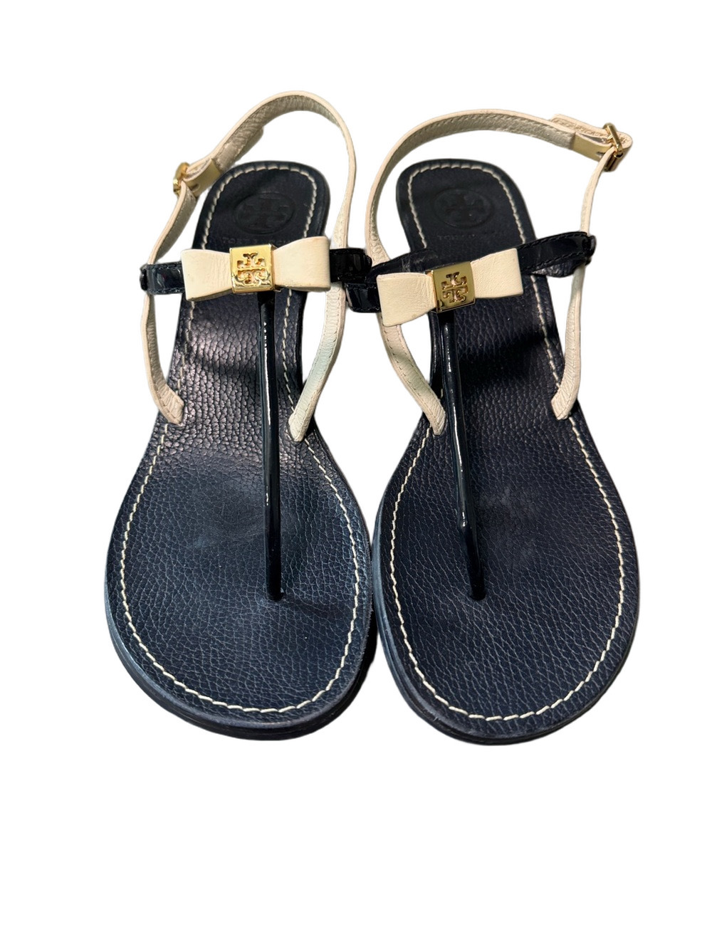 Tory Burch Kailey Thong Wedge Navy and Ivory Bow T-Strap Sandals with Gold Logo